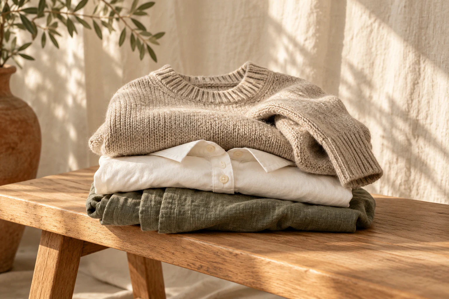 Neutral garments and linen fabrics arranged in soft natural light
