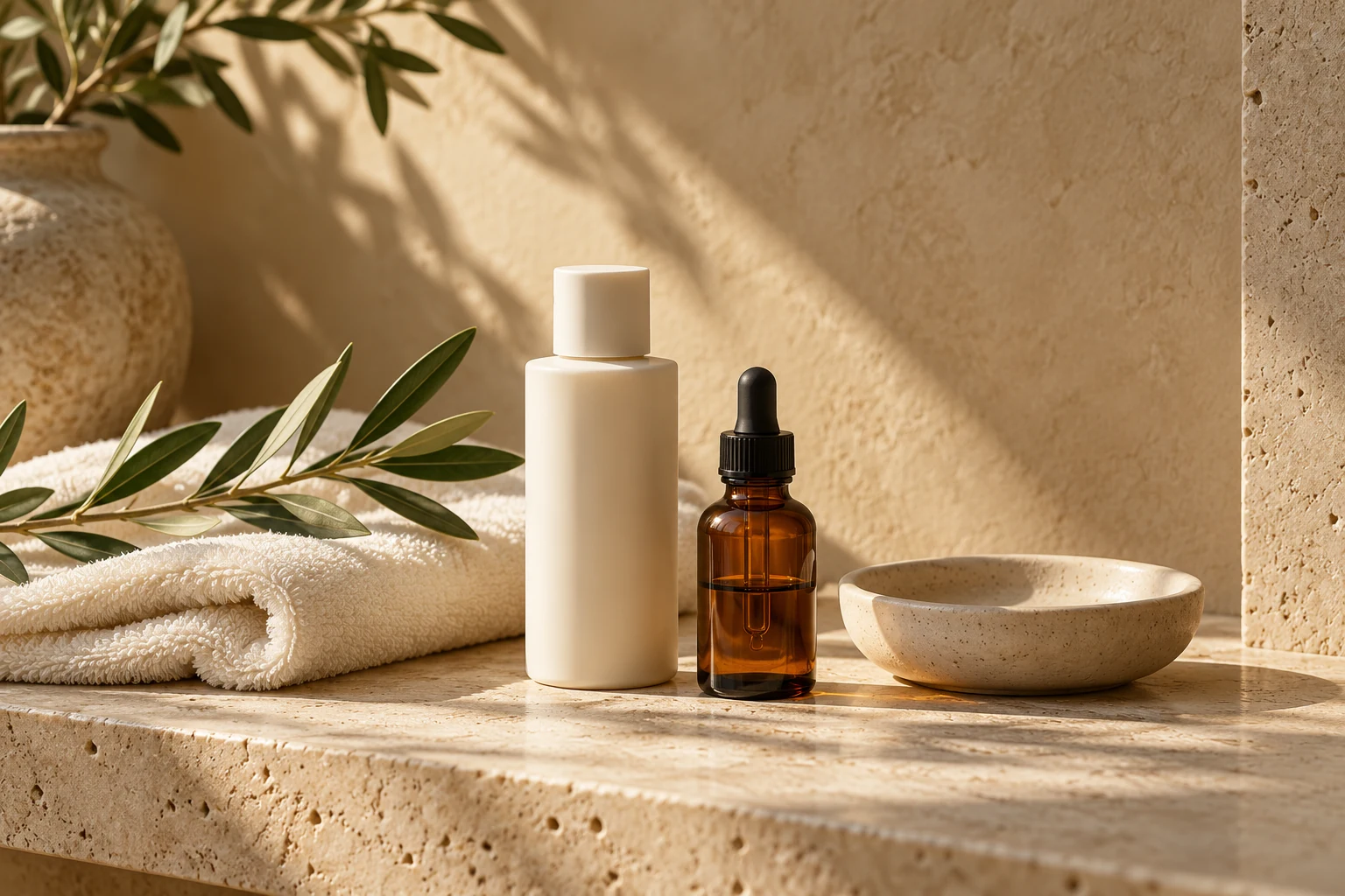Unbranded personal care bottles and natural textures in warm daylight