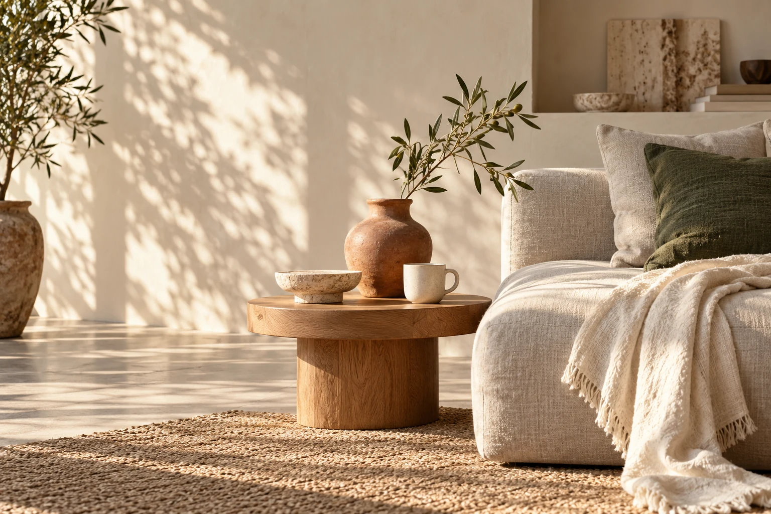 Sunlit living space with ceramics, linen and natural materials